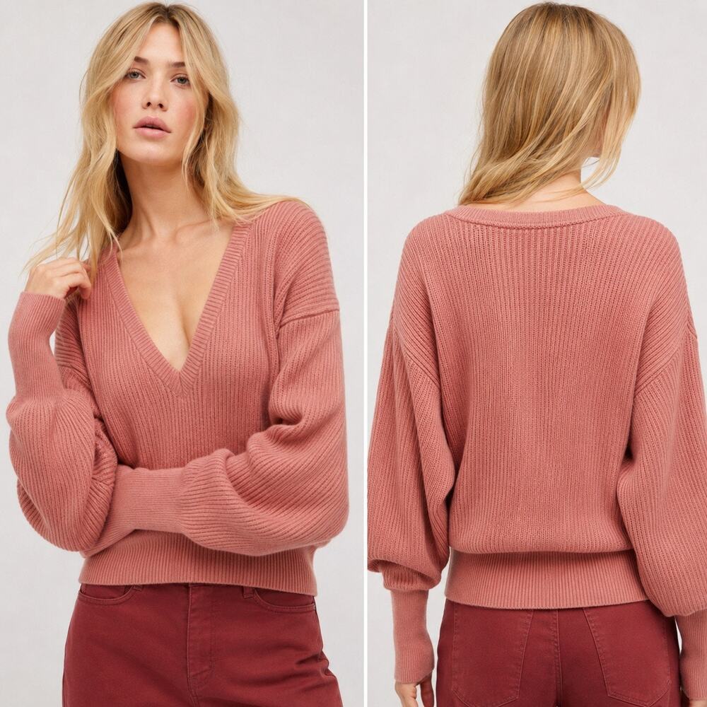 Free People Allure Ribbed Sweater Pink V Neck Oversized Boho Knit Top XS Slouchy